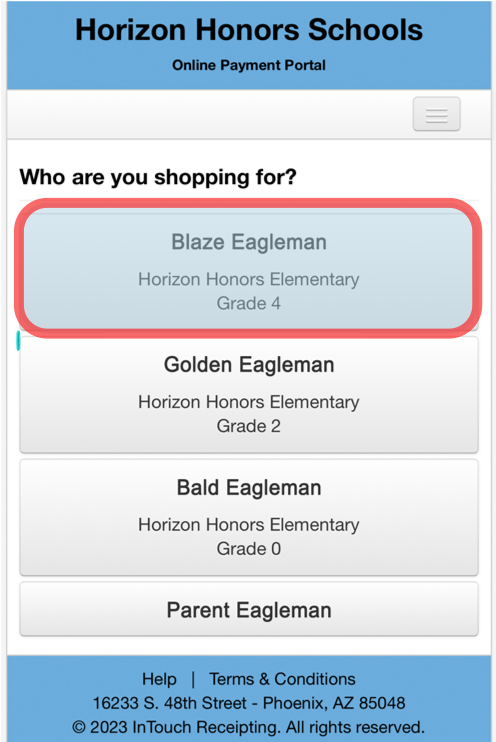 Select the Student you are Shopping for